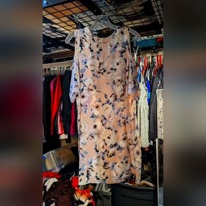 Ee:Some Pink Floral Cold Shoulder Satin Midi Dress